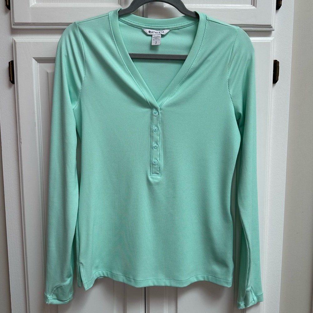 Athleta Uptempo Ribbed Henley Long Sleeve Top Aqua Green Color Size Small - Picture 2 of 13